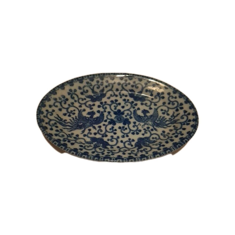 1920s Antique Morimura Blue and White Porcelain Phoenix Oval Serving Dish 10” Ja